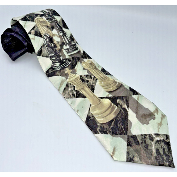 Vtg Tieguys Ralph Marlin Chess Perspective Novelty Necktie Polyester Black White - Picture 1 of 7
